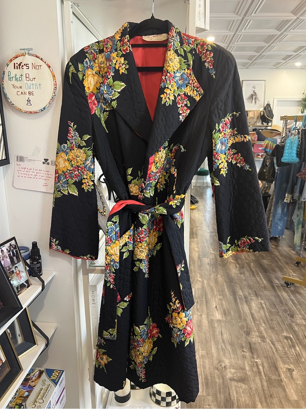 Vintage Sandora Black Quilted Floral Wrap Robe with Red Lining and Belt